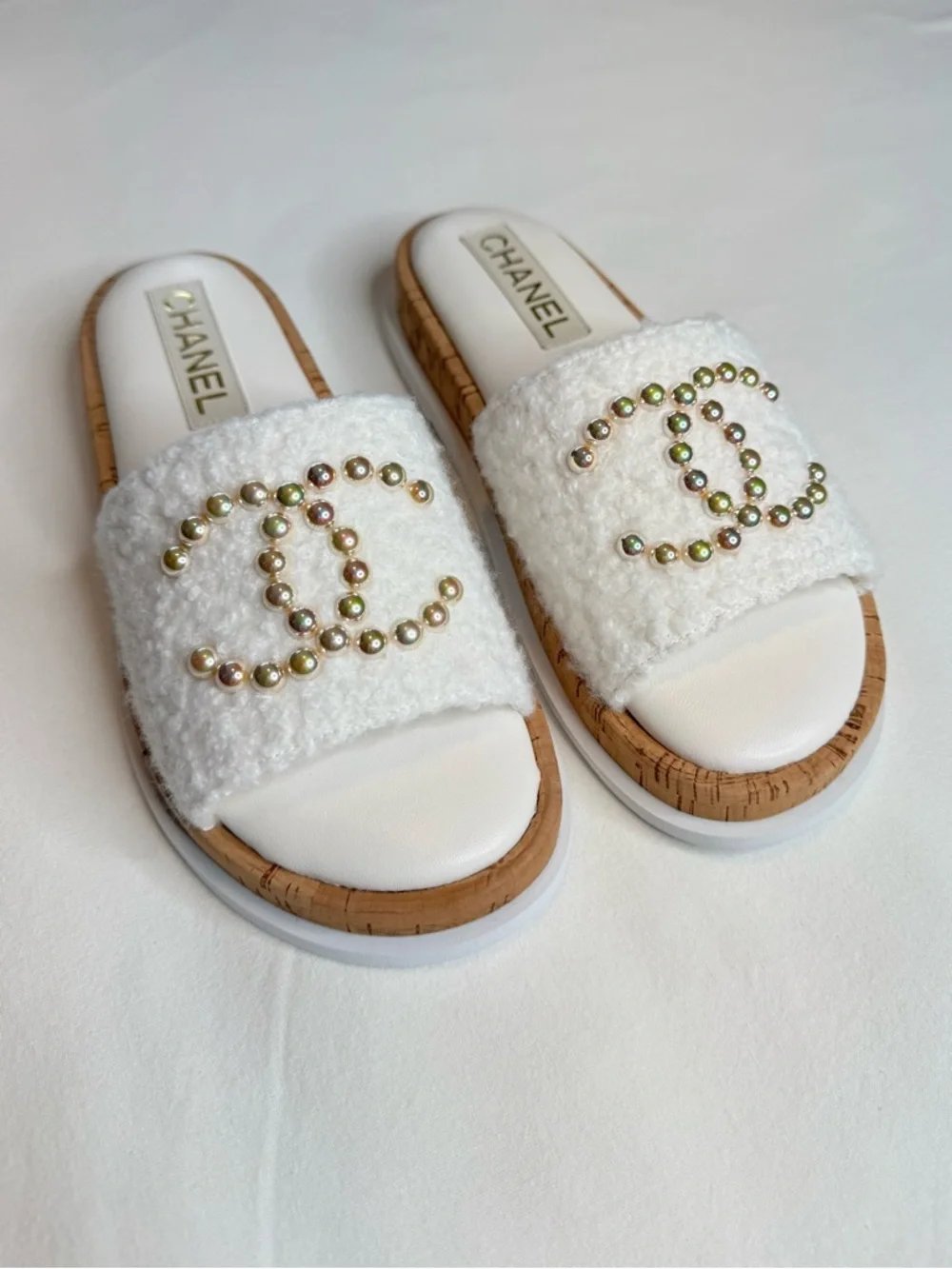 Chanel White Fabric Pearl Cork CC Slip On Slides Shearling Sandals Authentic 37